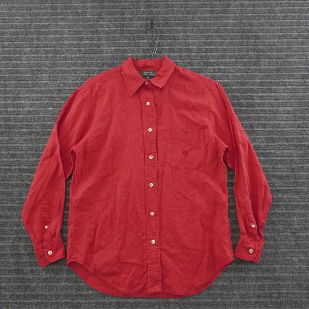 Lauren Ralph Lauren Button Down Shirt Womens M Red 100% Linen Long Sleeve Pocket